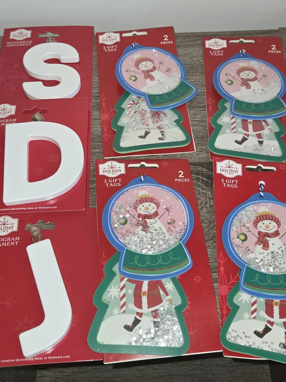 Holiday Time Mini Ornament Wooden Letter J S & D (2)  with 8 Gift Tags New